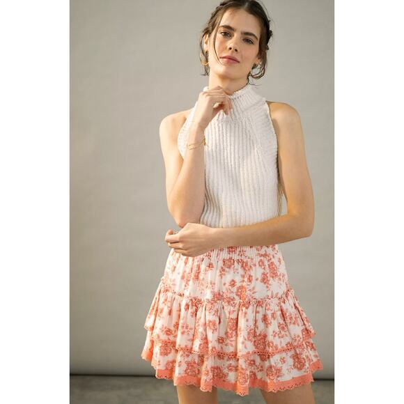 MISA LA S Pink linen Blend Estie Floral Tiered Skirt - Picture 1 of 8